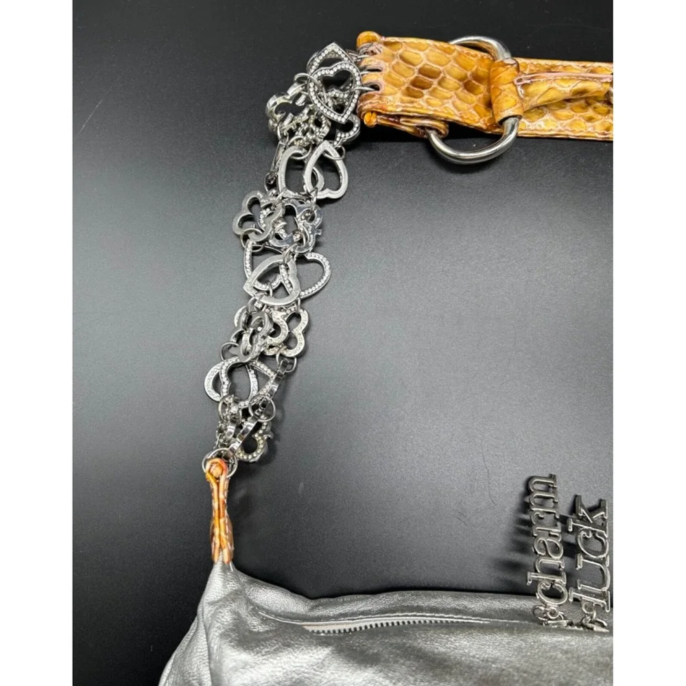 Charm And Luck Silver Leather Handbag Reptile Accent Rhinestone Hobo Rare Unique